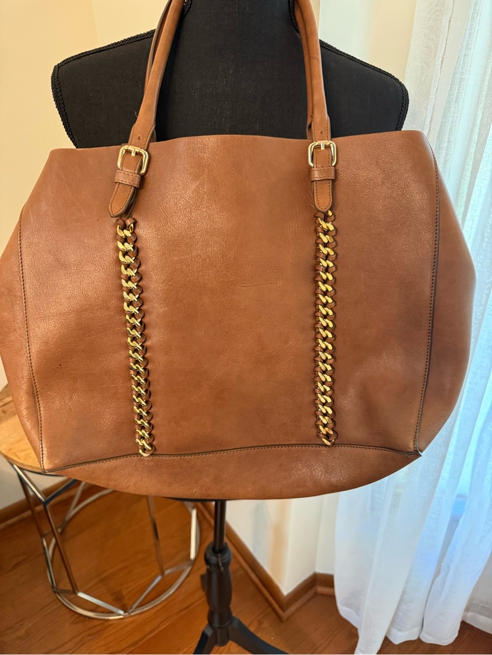 Massimo Dutti Tan Leather Tote with Gold Chain Straps
